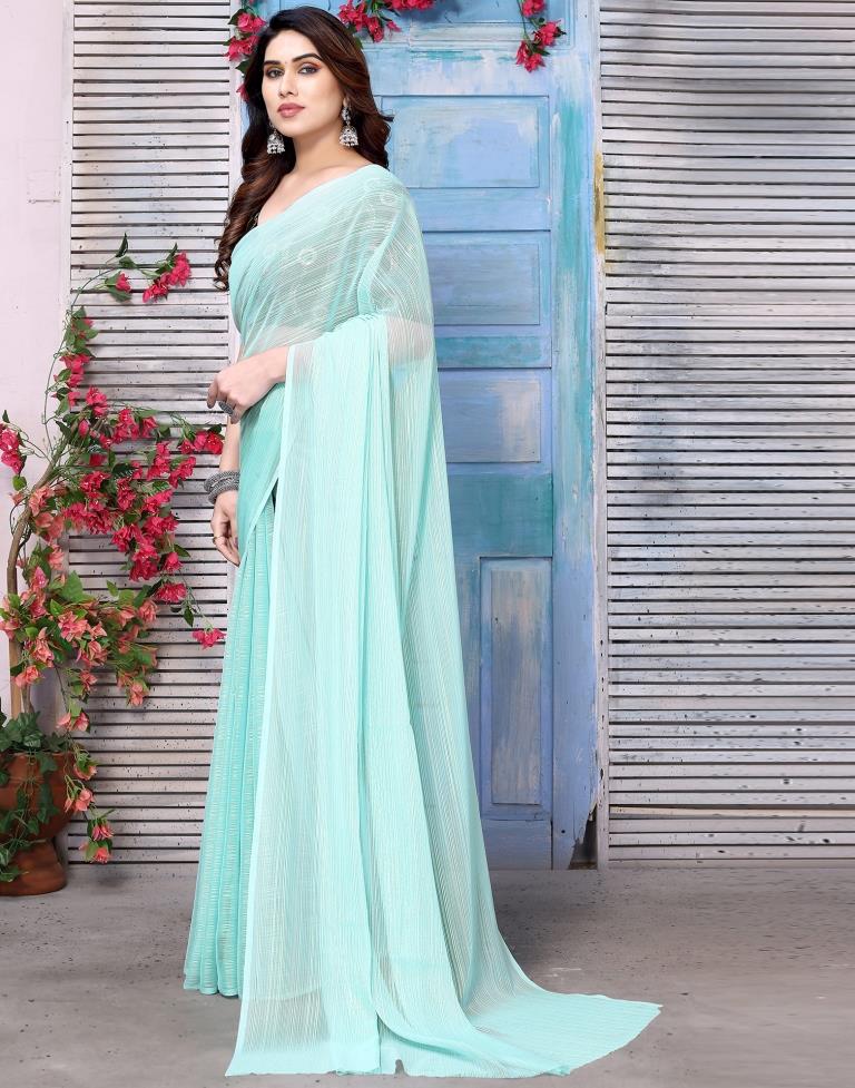 Turquoise Chiffon Plain Saree