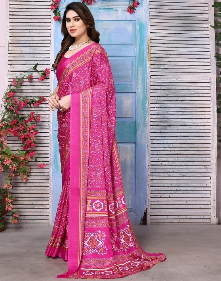 Rani Pink Chiffon Bandhani Printed Saree
