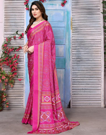 Rani Pink Chiffon Bandhani Printed Saree