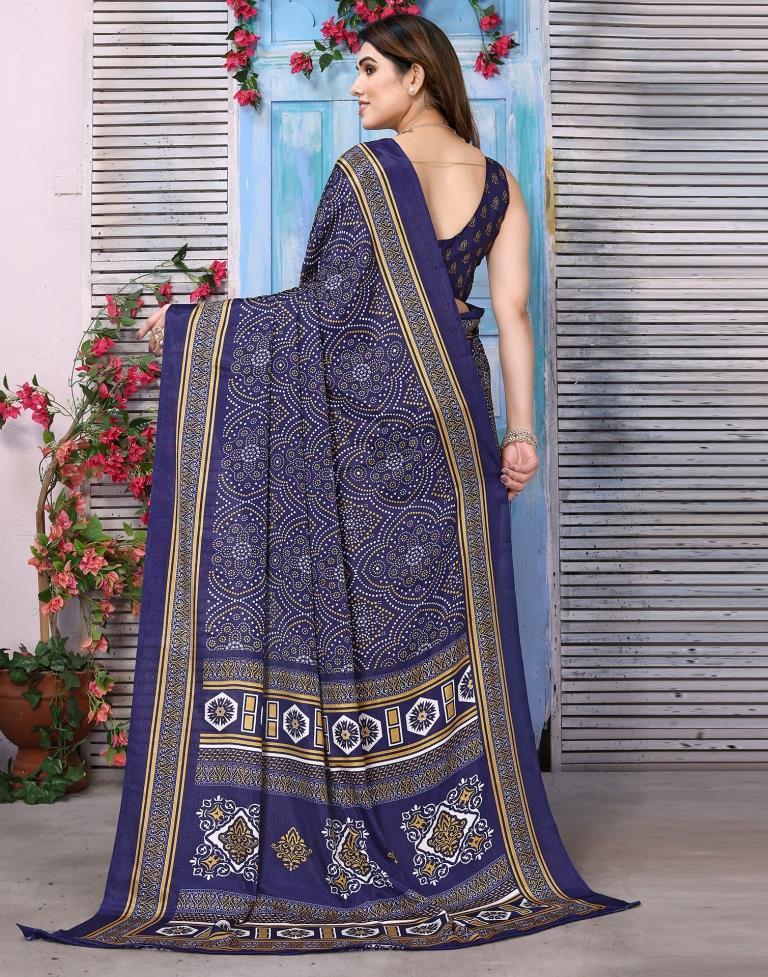 Navy Blue Chiffon Bandhani Printed Saree
