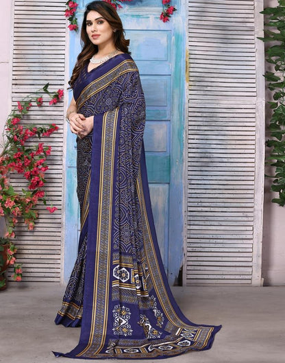 Navy Blue Chiffon Bandhani Printed Saree