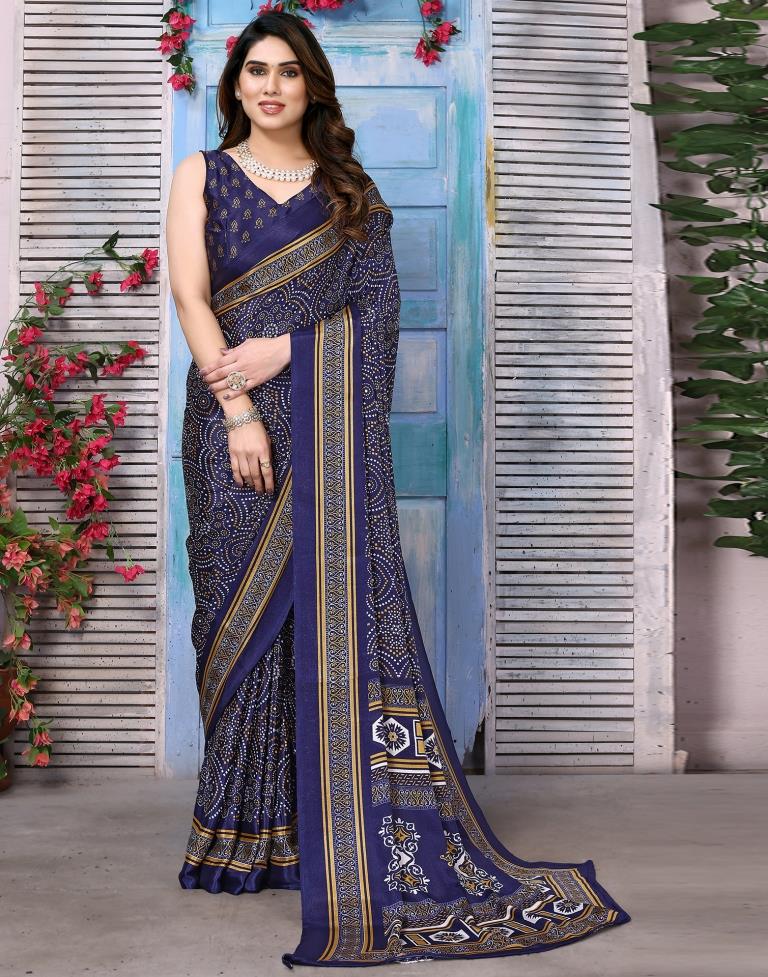 Navy Blue Chiffon Bandhani Printed Saree