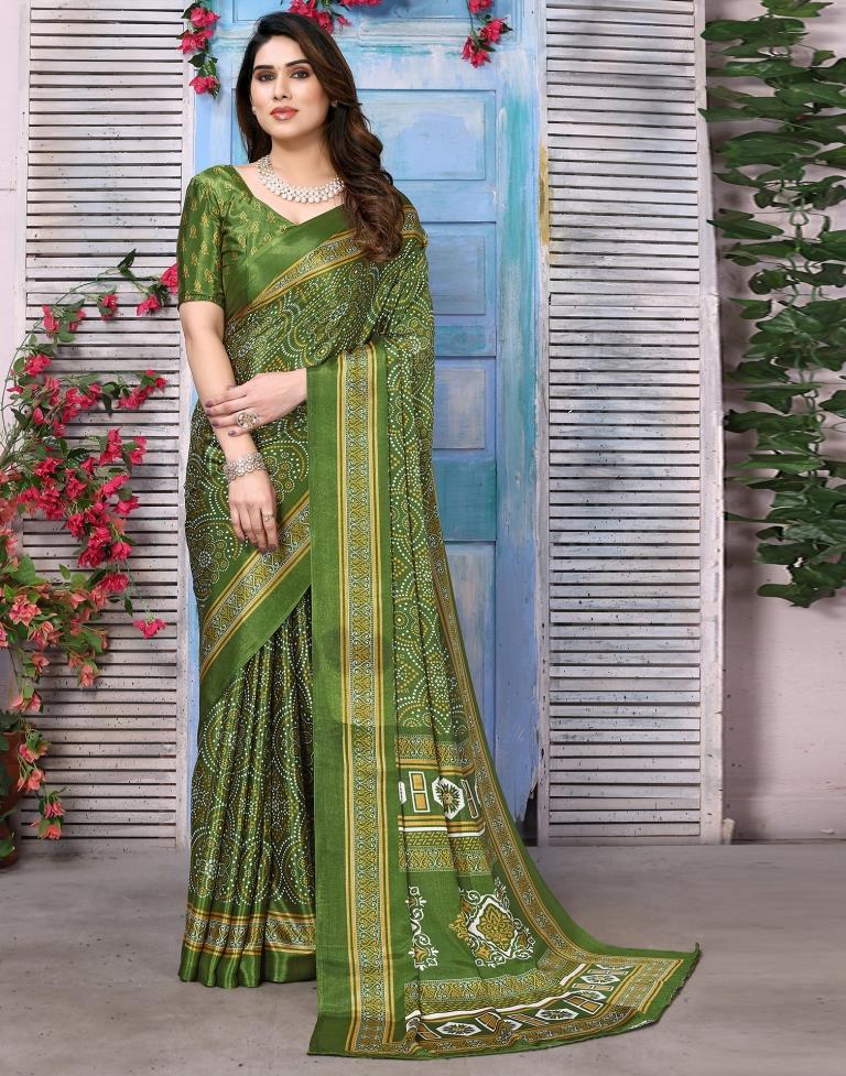 Olive Green Chiffon Bandhani Printed Saree