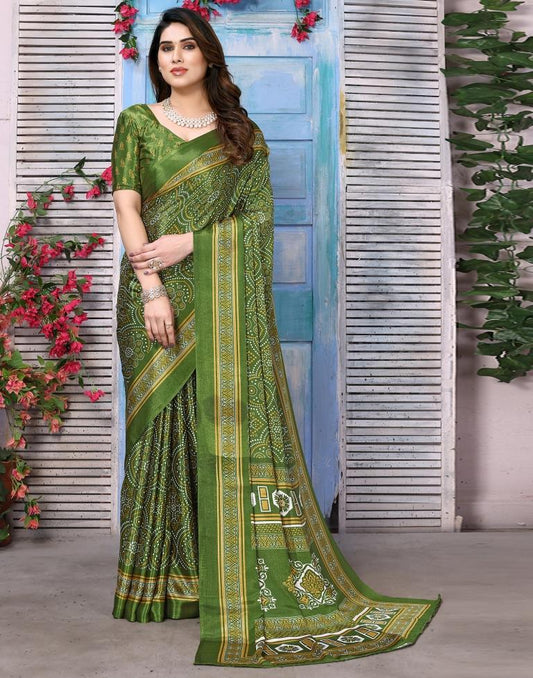 Olive Green Chiffon Bandhani Printed Saree