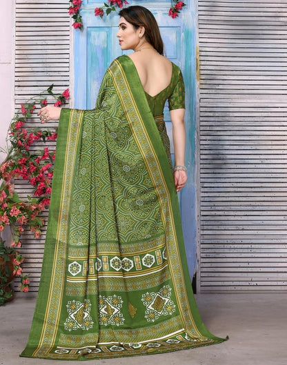 Olive Green Chiffon Bandhani Printed Saree