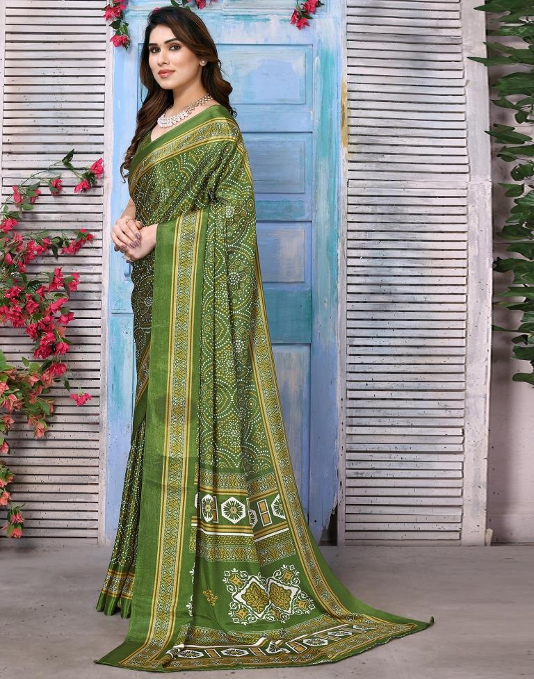 Olive Green Chiffon Bandhani Printed Saree