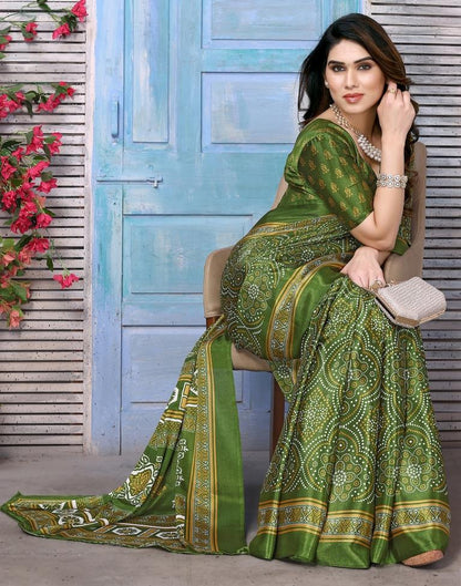 Olive Green Chiffon Bandhani Printed Saree