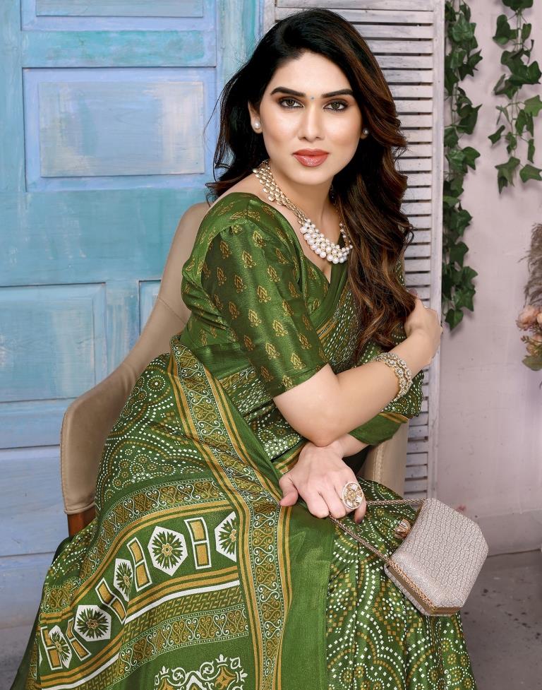 Olive Green Chiffon Bandhani Printed Saree