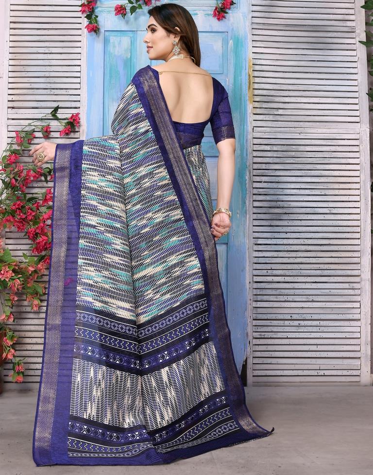 Navy Blue Cotton Printed Saree
