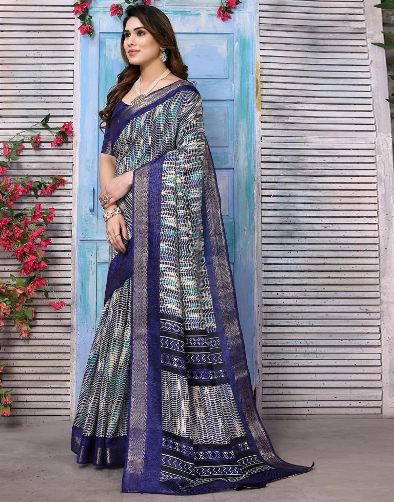 Navy Blue Cotton Printed Saree
