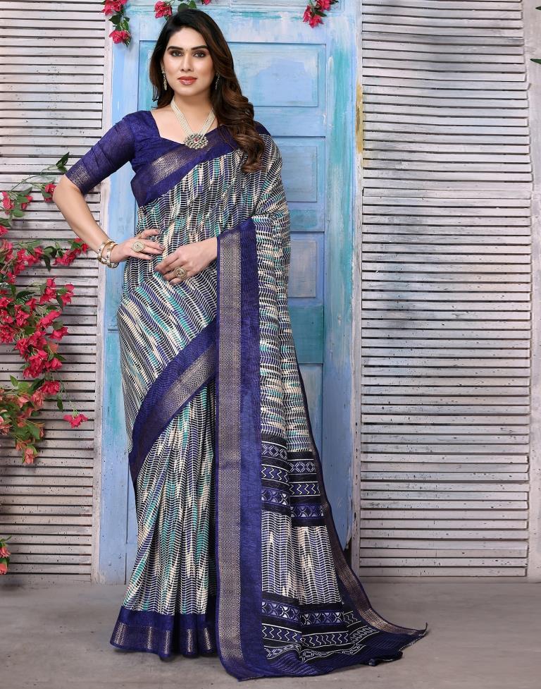 Navy Blue Cotton Printed Saree