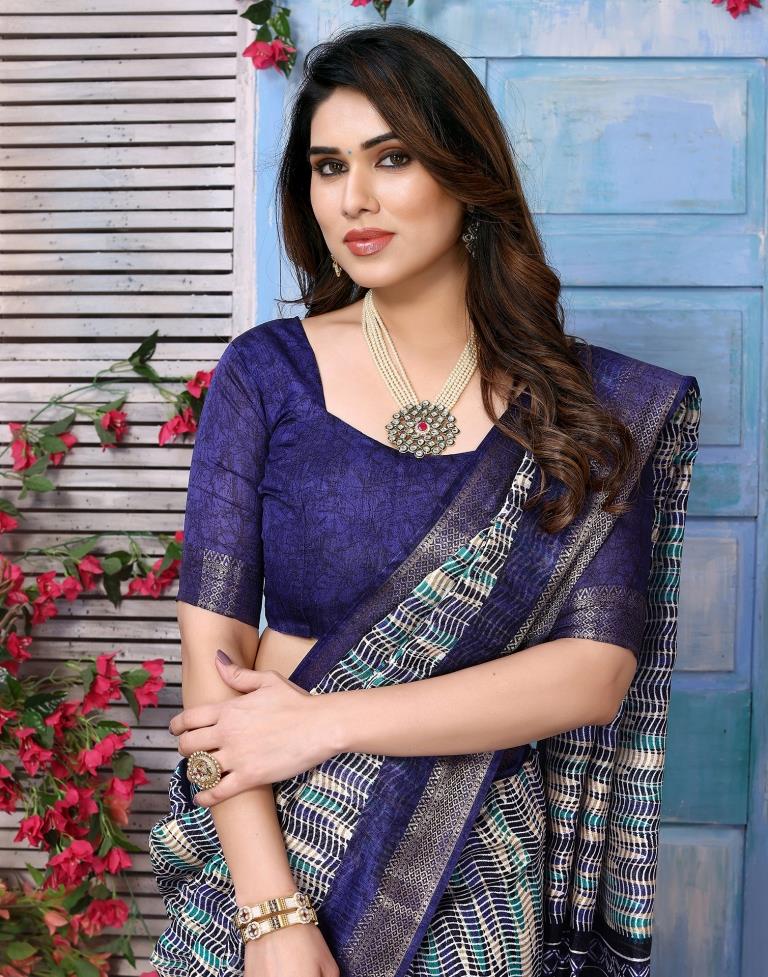 Navy Blue Cotton Printed Saree