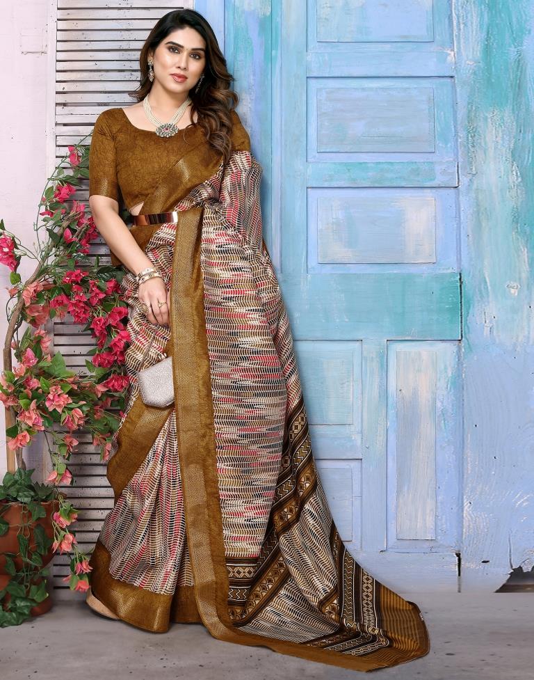 Khakhi Brown Cotton Printed Saree