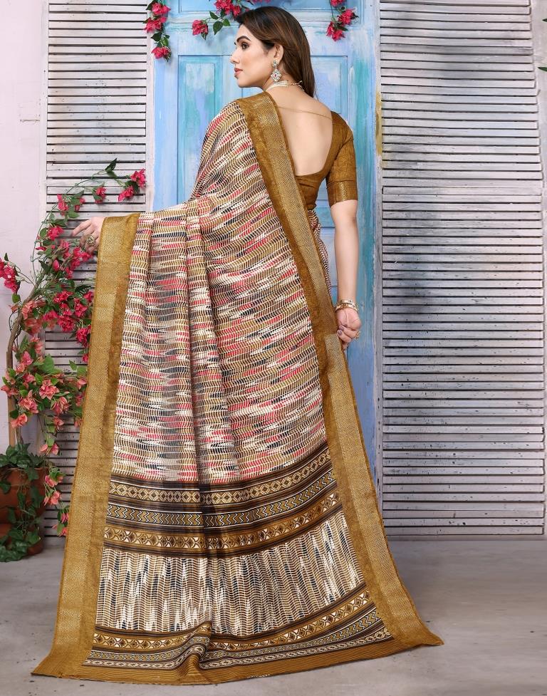 Khakhi Brown Cotton Printed Saree