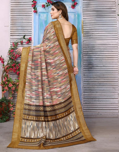 Khakhi Brown Cotton Printed Saree