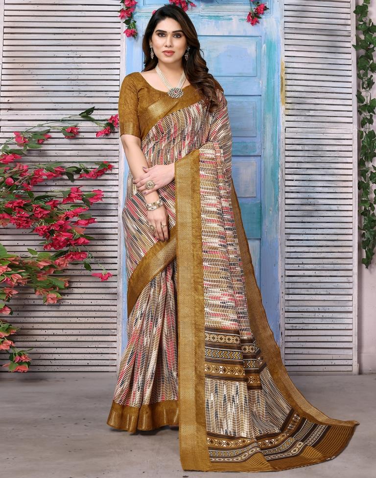 Khakhi Brown Cotton Printed Saree