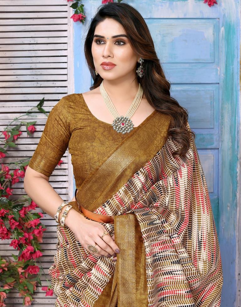 Khakhi Brown Cotton Printed Saree