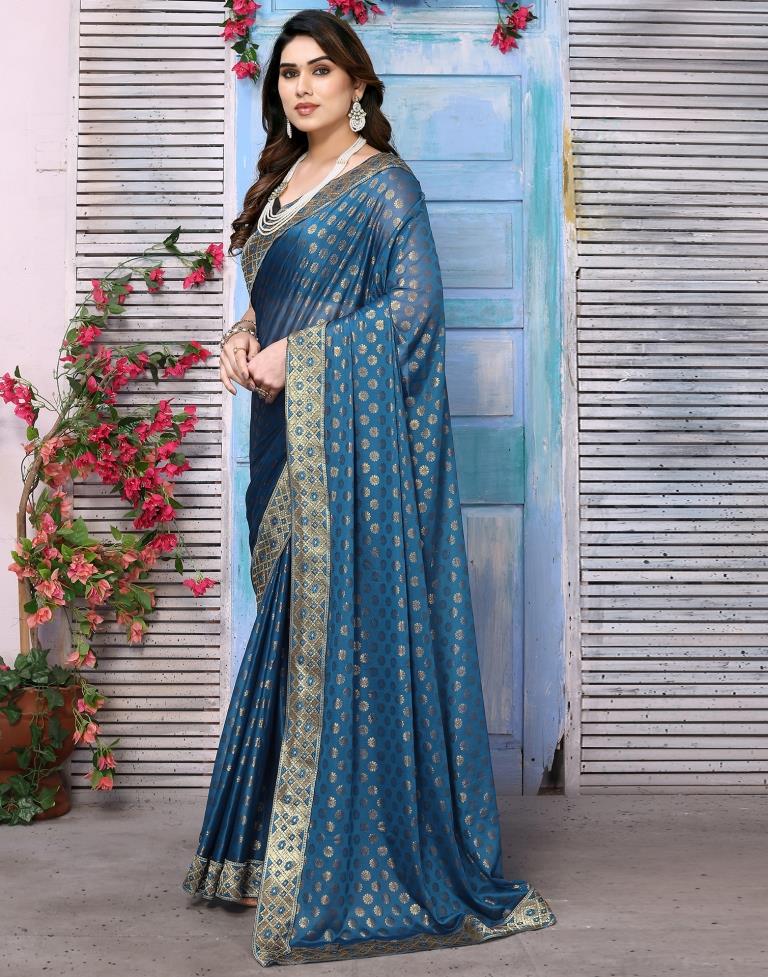 Teal Blue Lycra Printed Saree