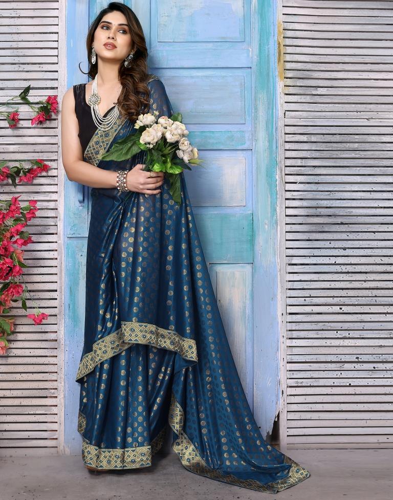 Teal Blue Lycra Printed Saree