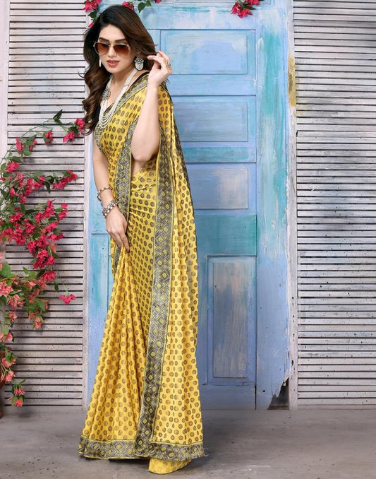 Yellow Lycra Printed Saree