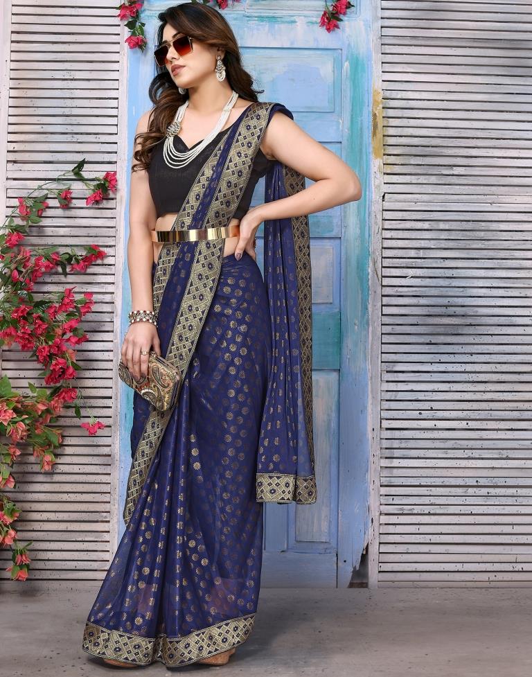Navy Blue Lycra Printed Saree