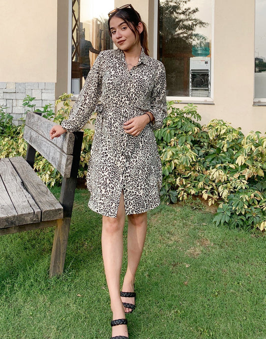 Off White Animal Printed Short Dress | Sudathi