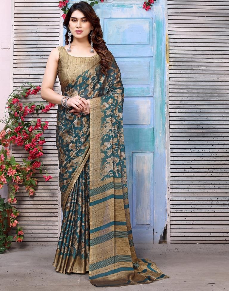 Rama Green Chiffon Floral Printed Saree