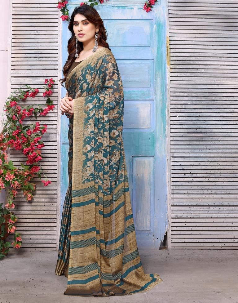 Rama Green Chiffon Floral Printed Saree