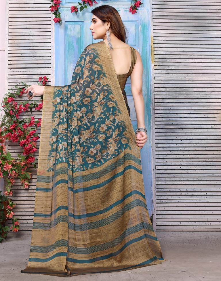 Rama Green Chiffon Floral Printed Saree