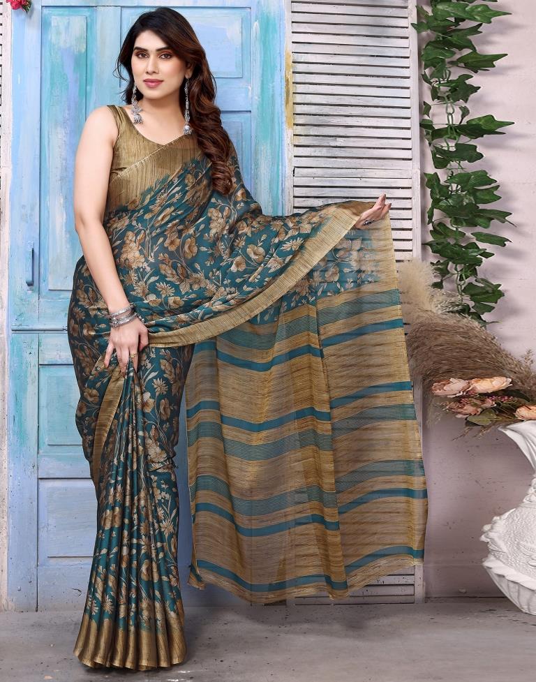 Rama Green Chiffon Floral Printed Saree