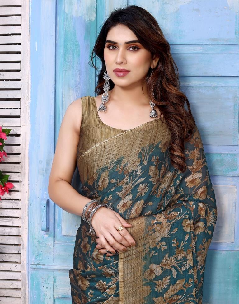 Rama Green Chiffon Floral Printed Saree