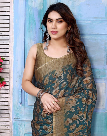 Rama Green Chiffon Floral Printed Saree