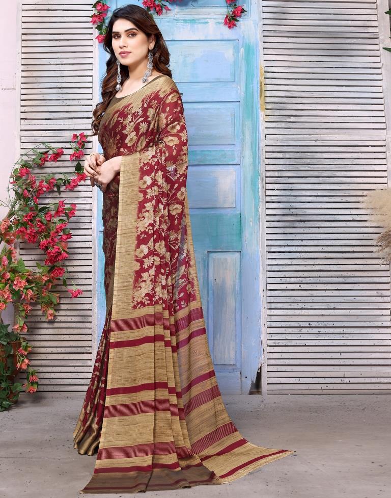 Maroon Chiffon Floral Printed Saree
