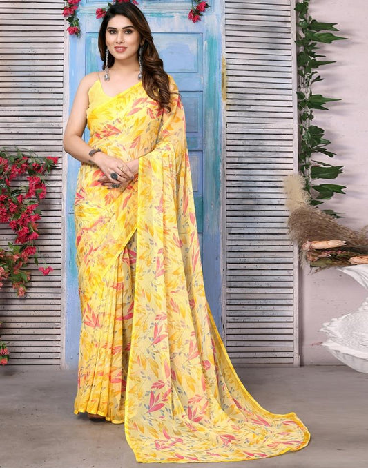 Yellow Chiffon Floral Printed Saree