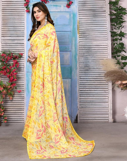 Yellow Chiffon Floral Printed Saree