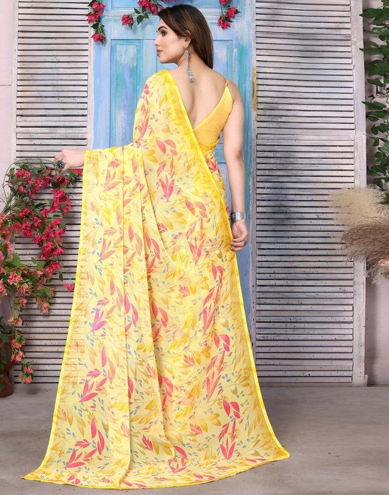 Yellow Chiffon Floral Printed Saree