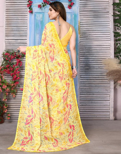 Yellow Chiffon Floral Printed Saree