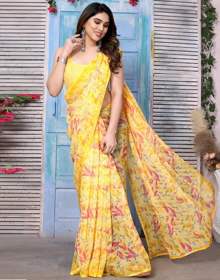 Yellow Chiffon Floral Printed Saree