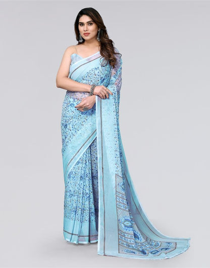 Light Blue Printed Chiffon Saree