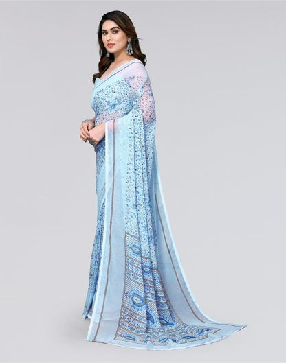 Light Blue Printed Chiffon Saree