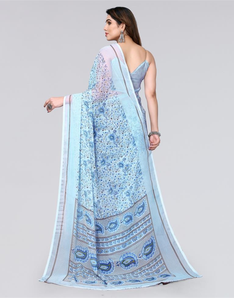 Light Blue Printed Chiffon Saree