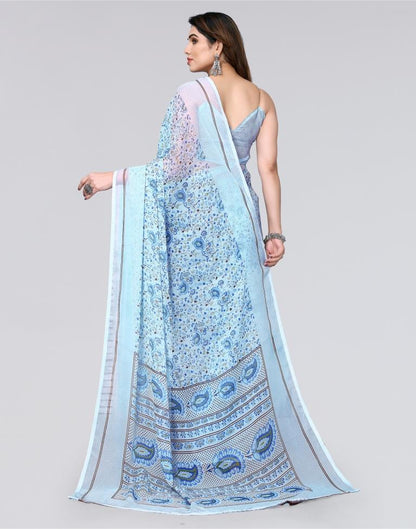 Light Blue Printed Chiffon Saree
