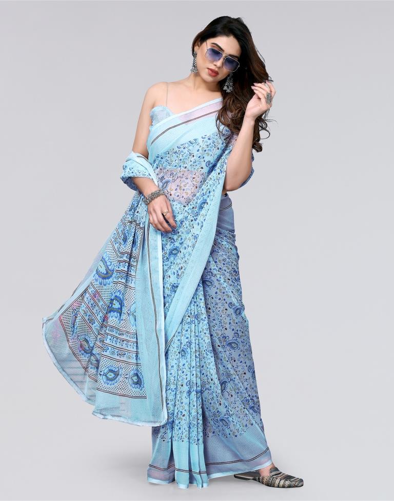Light Blue Printed Chiffon Saree