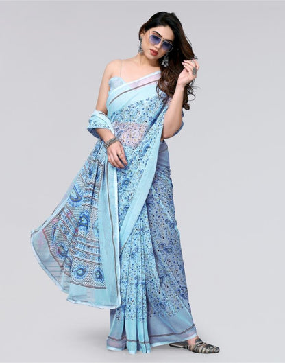 Light Blue Printed Chiffon Saree