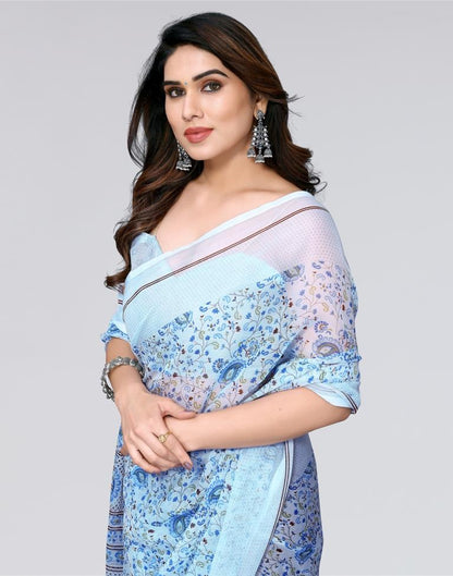 Light Blue Printed Chiffon Saree