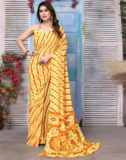 Yellow Chiffon Printed Saree