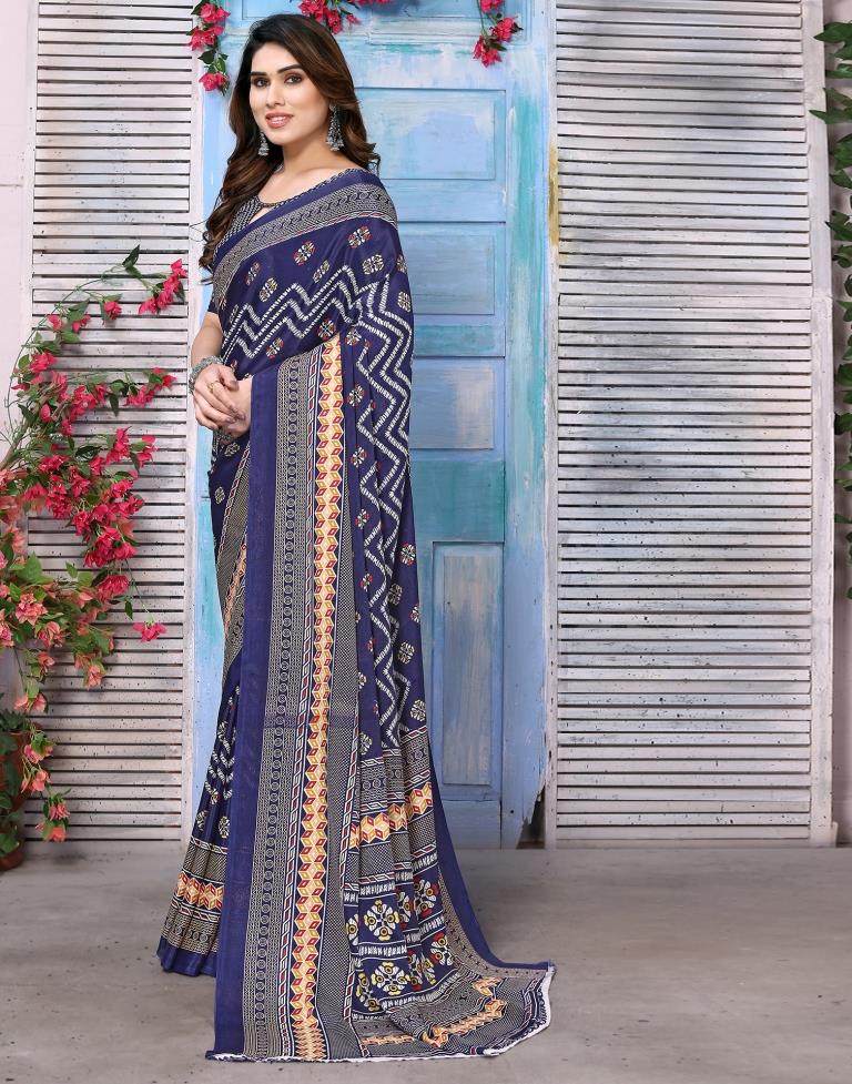 Navy Blue Silk Printed Saree