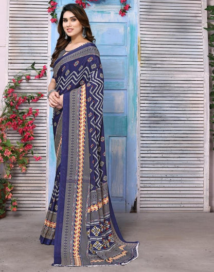 Navy Blue Silk Printed Saree