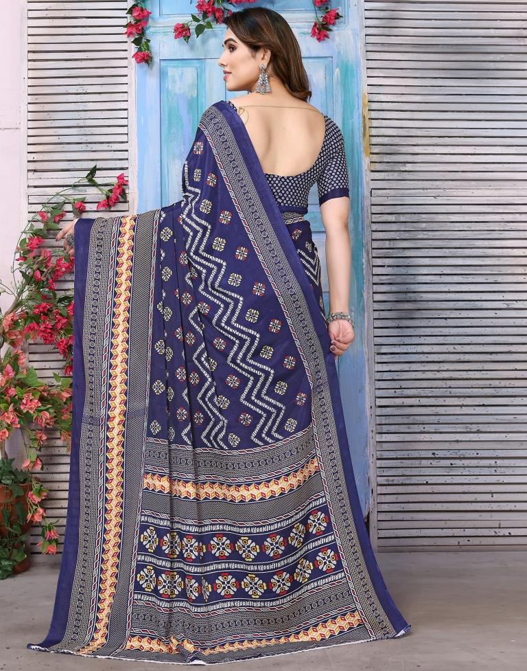 Navy Blue Silk Printed Saree