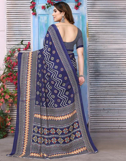 Navy Blue Silk Printed Saree